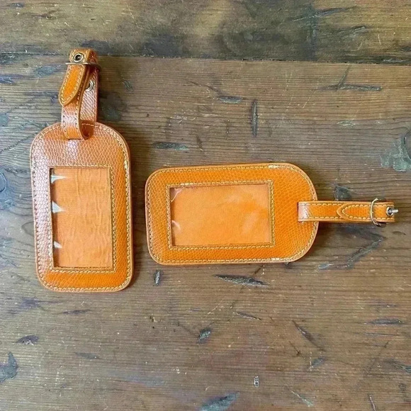 Lillian Vernon Set of 2 Orange Real Leather Luggage Tags NWOT - Picture 4 of 4